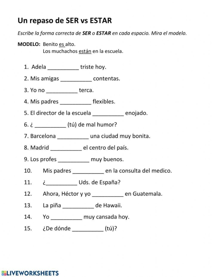 Fourth grade Spanish worksheet exercise 9 showing ser versus estar verb usage practice problems