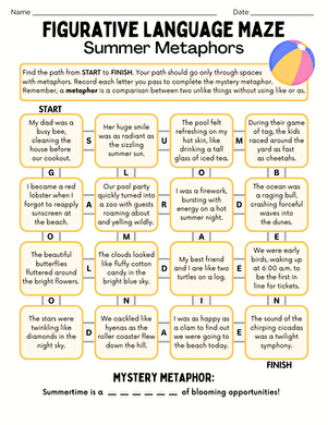 Fourth grade student working on a summer themed similes maze worksheet to practice figurative language skills