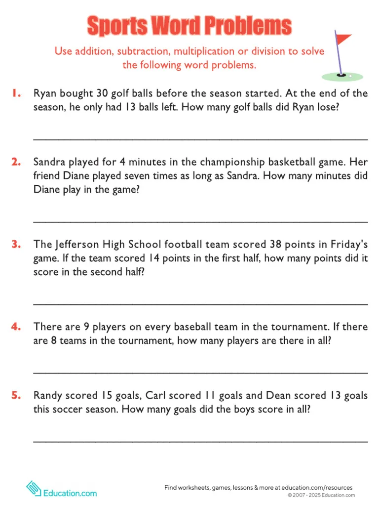 Fourth grade student solving sports-themed math word problems on a printable worksheet