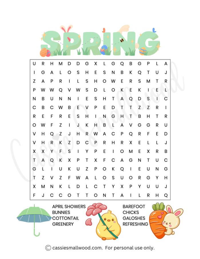Spring-themed word search puzzle designed for fourth graders to practice spelling skills
