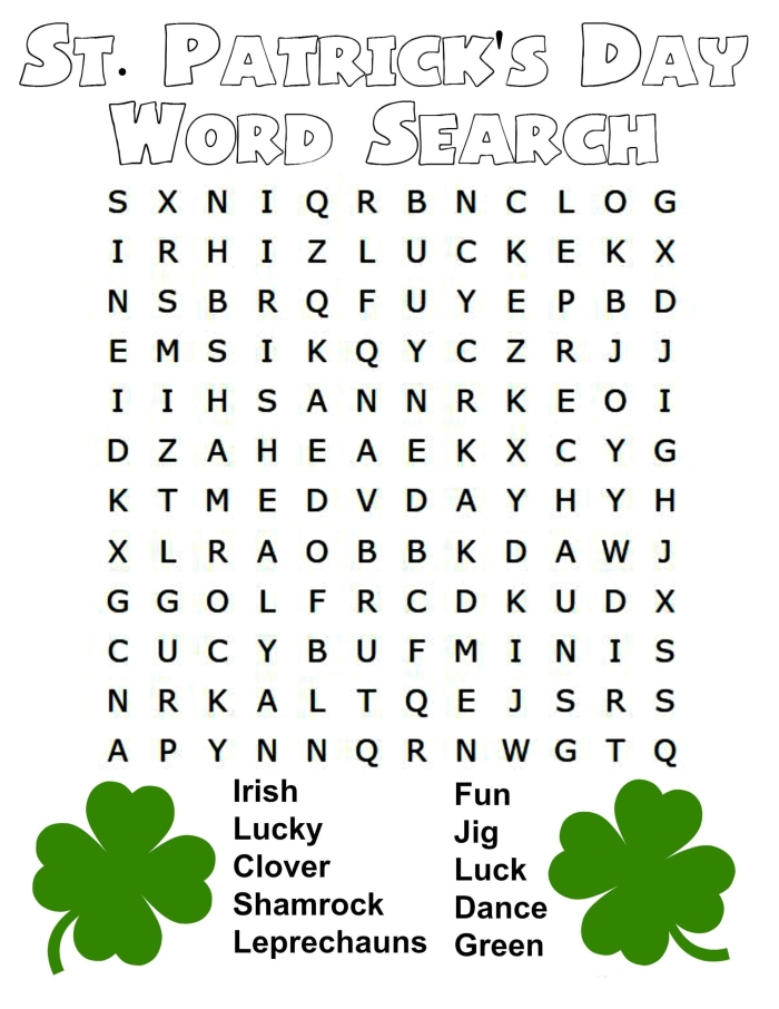 Fourth grade St. Patrick's Day word search puzzle featuring hidden words like shamrock for advanced readers