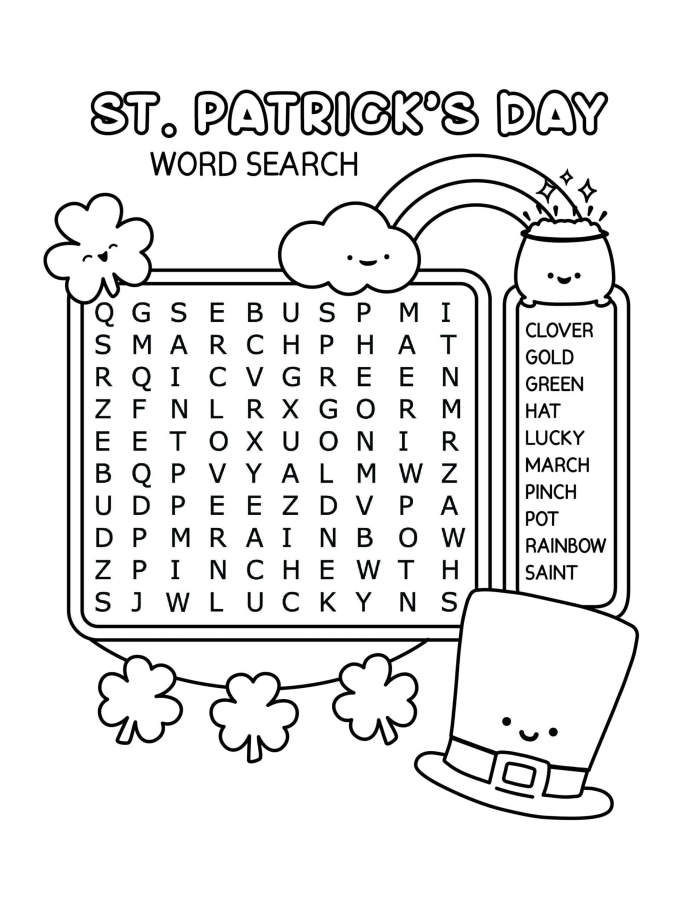 Fourth grade student completing The Great St. Patrick's Day Word Search worksheet featuring holiday vocabulary like shamrock
