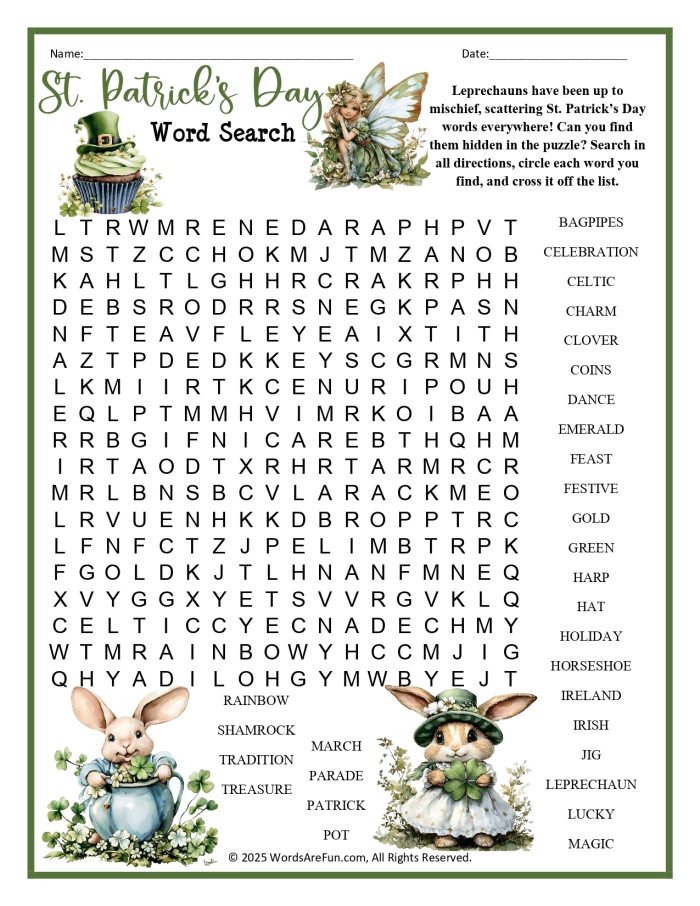 Fourth grade student solving a St. Patrick's Day word search puzzle with shamrock and holiday-themed words