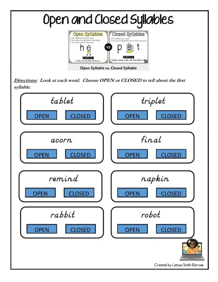Open and Closed Syllable Sort worksheet activity for grade four image eight Fourth grade student cutting and sorting open and closed syllable words on a worksheet
