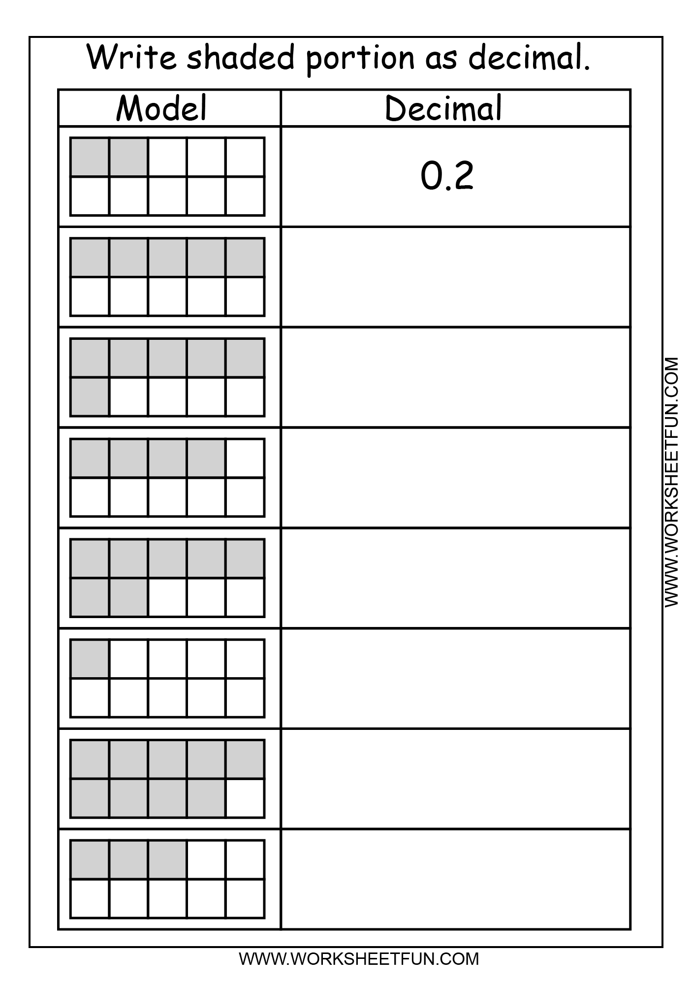 Fourth grade math worksheet featuring decimal place value exercises for the tenths position