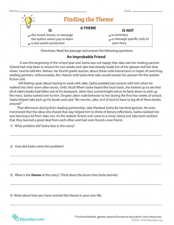 Fourth grade Find the Theme Flowchart worksheet for analyzing story elements