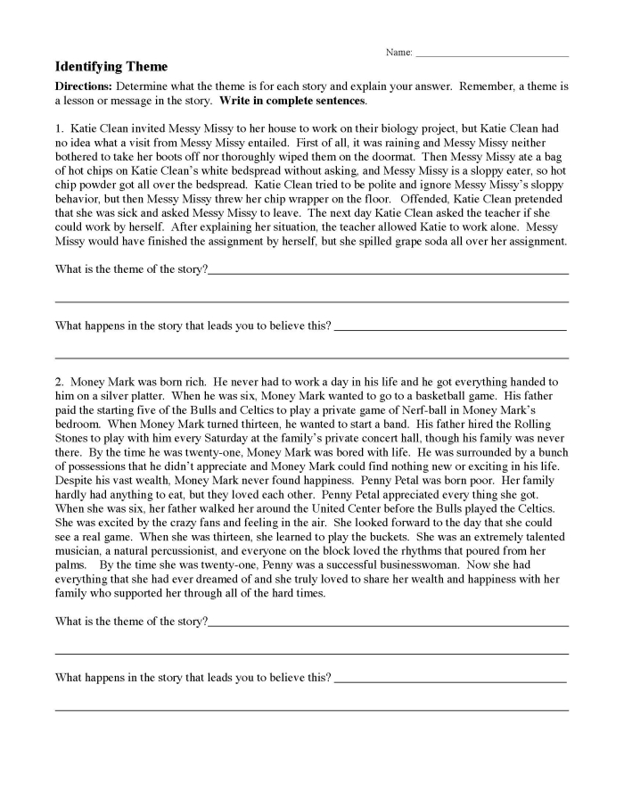 Flowchart worksheet for fourth grade students to identify the theme of a story