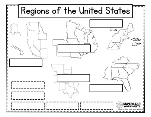 Fourth grade students practicing geography by labeling the eight regions of the US on a worksheet