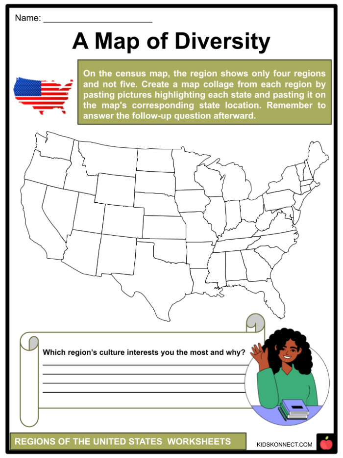 Colorful worksheet for fourth graders focused on the regions of the United States and subtraction skills