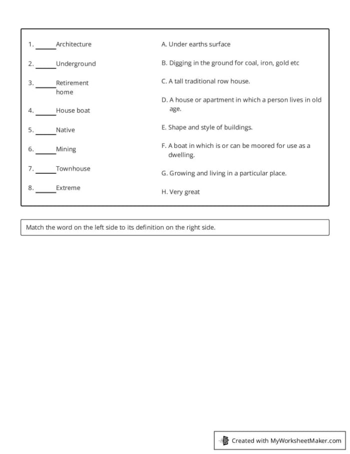 Worksheet for matching obscure vocabulary words with their meanings