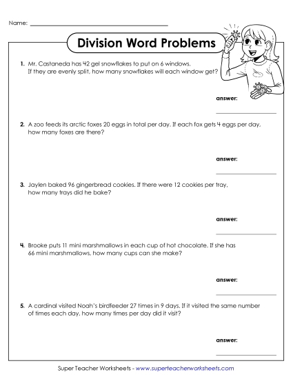Winter-themed multiplication and division word problems worksheet for fourth graders