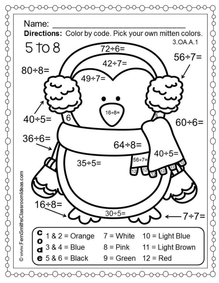 Winter-themed multiplication and division word problems worksheet for fourth graders