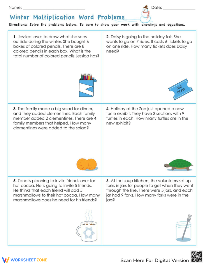 Fourth grade student completing a Winter Multiplication and Division Word Problems worksheet