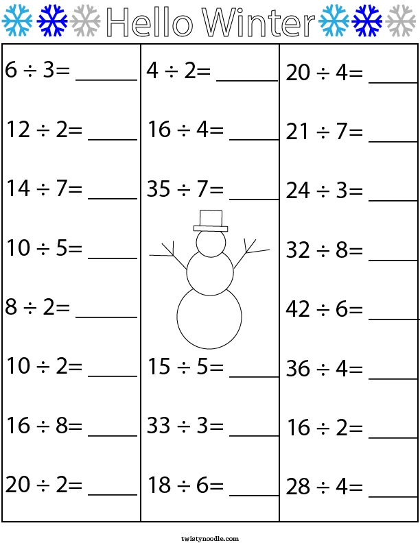 Fourth grade student working on seasonal multiplication and division math word problems for winter