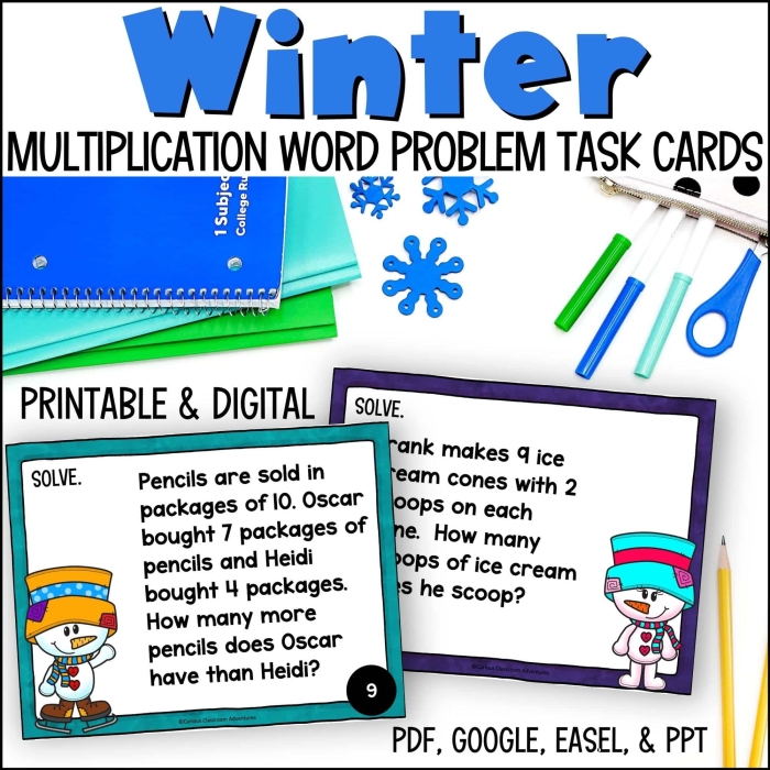Winter-themed worksheet featuring multiplication and division word problems for fourth graders