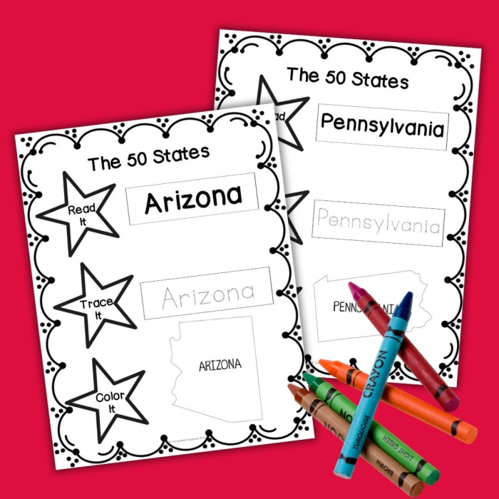 Fifth grade student filling out a Name All 50 States worksheet activity