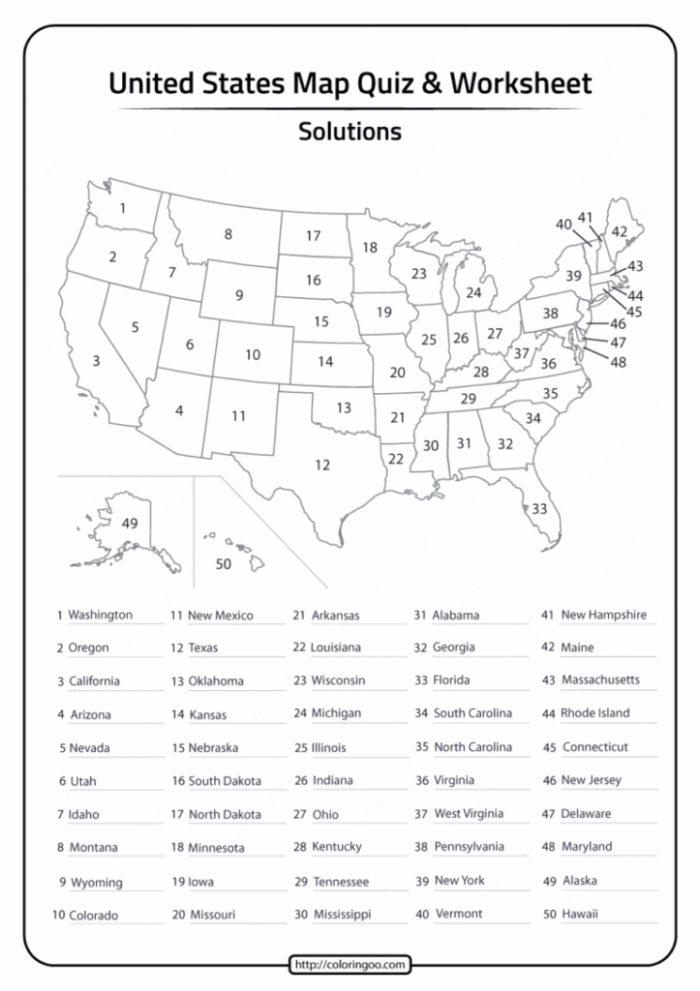 50 States Quiz worksheet for fourth graders to aid in geography test preparation