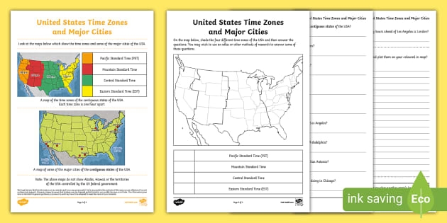 Third grade student practicing geography by mapping the 50 states and their respective time zones