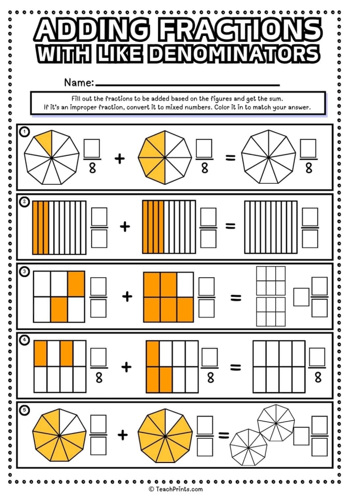 Worksheet for practicing addition of fractions with like and unlike denominators