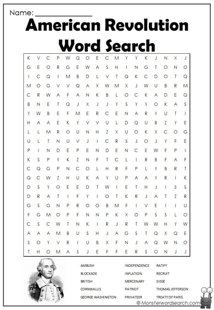 American Revolution word search worksheet featuring historic battlefields and cities