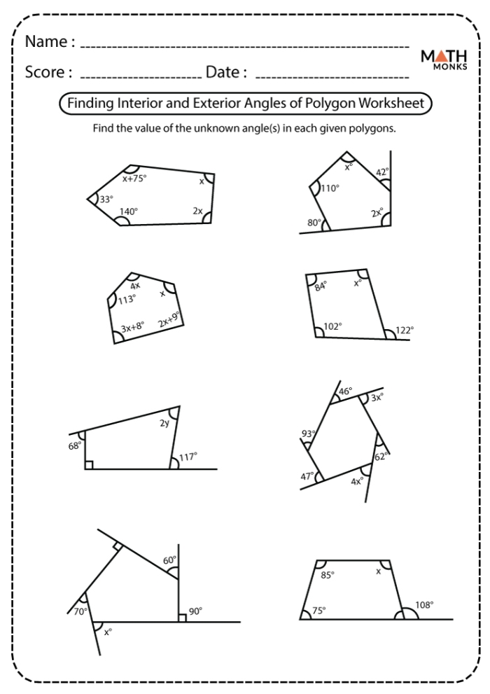 Geometry Review Angles and Polygons Worksheet Page 7 Fifth grade geometry worksheet showing angle types, triangle classifications, and polygon shapes for review practice