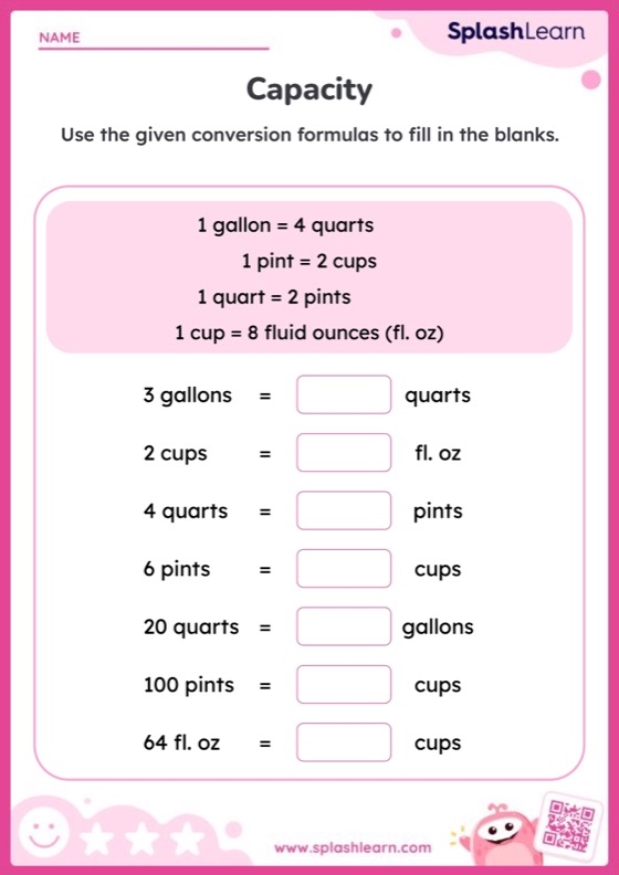 Fifth grade math worksheet focused on converting customary units of capacity for volume practice