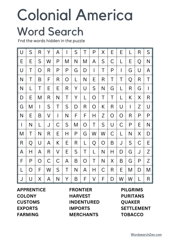 Fifth grade students solving a colonial word search puzzle to practice American history vocabulary