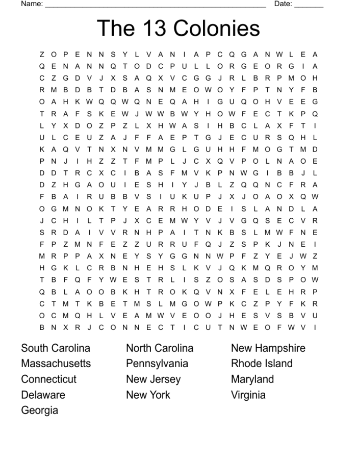 Fifth grade students solving a colonial word search puzzle with American history vocabulary words hidden in a grid