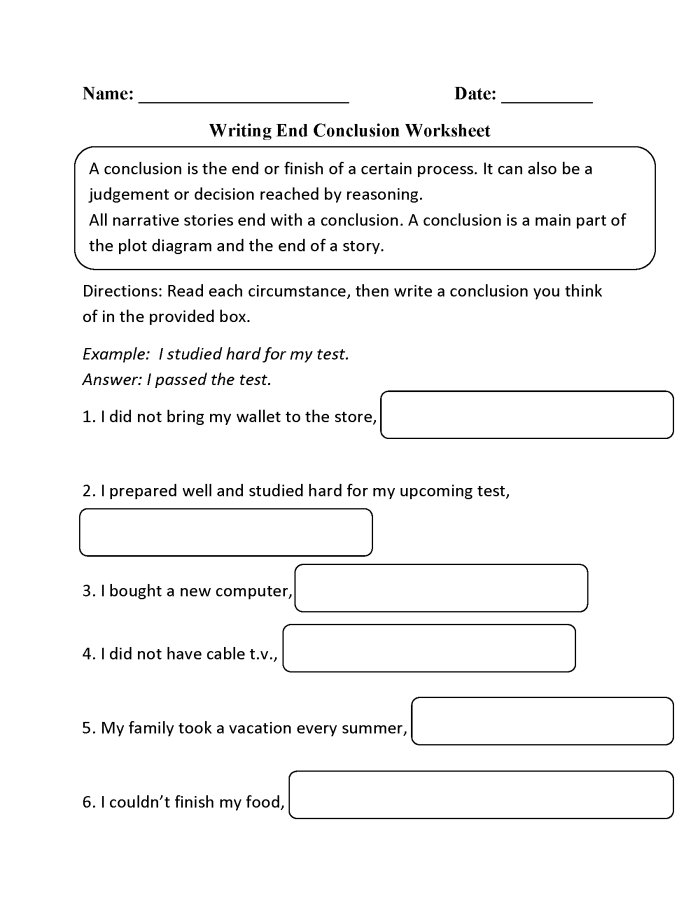 Practice Writing a Conclusion worksheet for fifth-grade algebra students