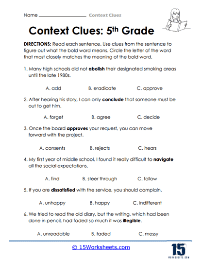 Fifth grade students practicing reading comprehension with a worksheet on using context clues to define unknown words