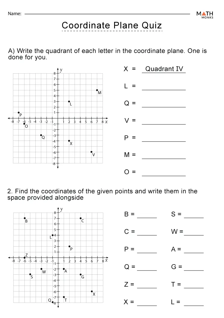 Fifth grade student working on a coordinate plane word problem worksheet with plotted points