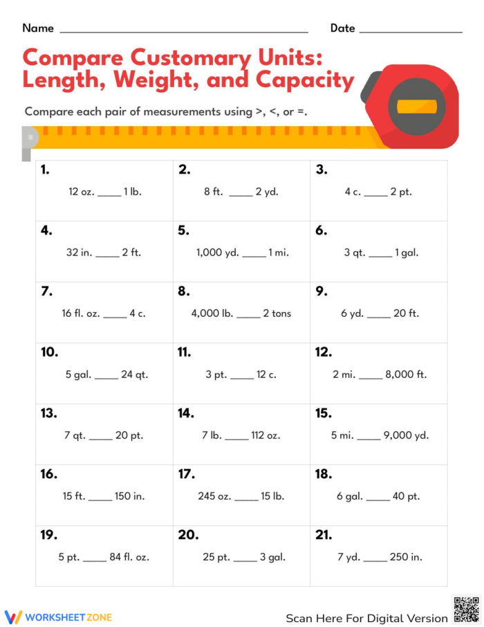 Customary Units Measurement Worksheet for Fifth Graders focusing on length, weight, and capacity practice