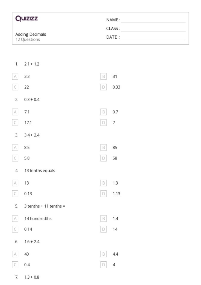 Fifth grade math quiz worksheet showing decimal addition problems to the hundredths place with answer spaces