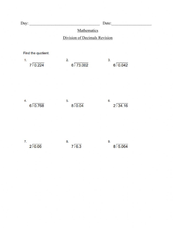 Worksheet featuring nine problems for dividing decimals by whole numbers
