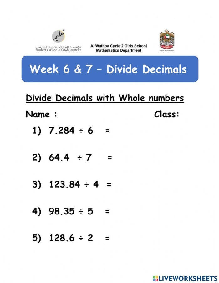 Fifth grade worksheet featuring nine problems for dividing decimals by whole numbers