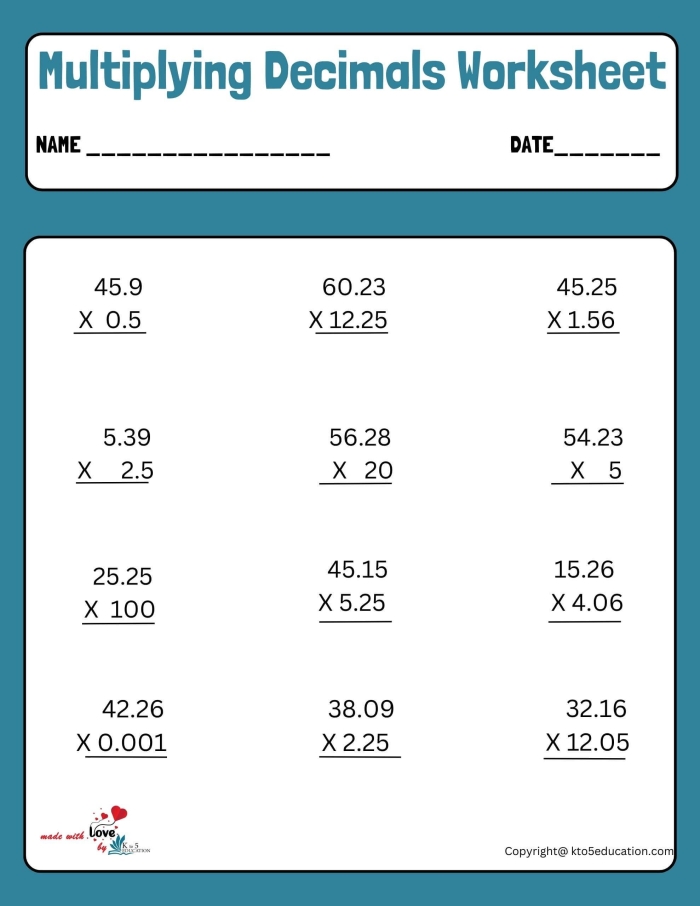 Worksheet for multiplying decimals with step-by-step instructions for fifth graders
