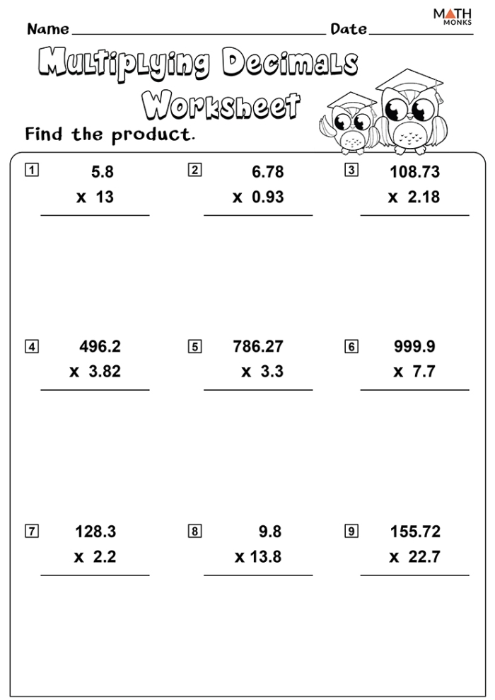 Worksheet featuring steps and problems for multiplying decimals in fifth grade