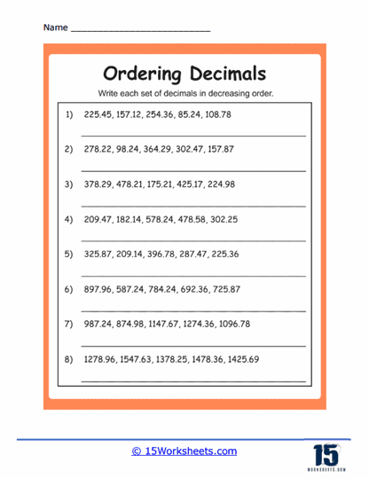 Fifth grade math worksheet for ordering decimals on a number line