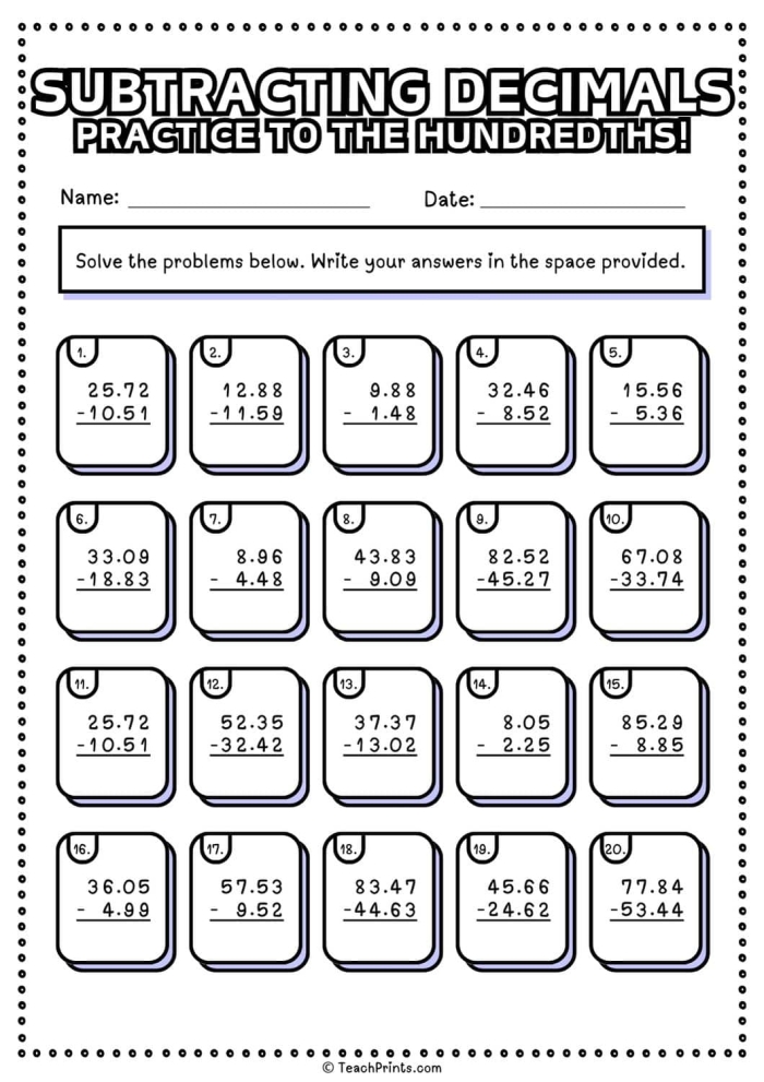 Fifth grade math worksheet featuring decimal subtraction problems for practice
