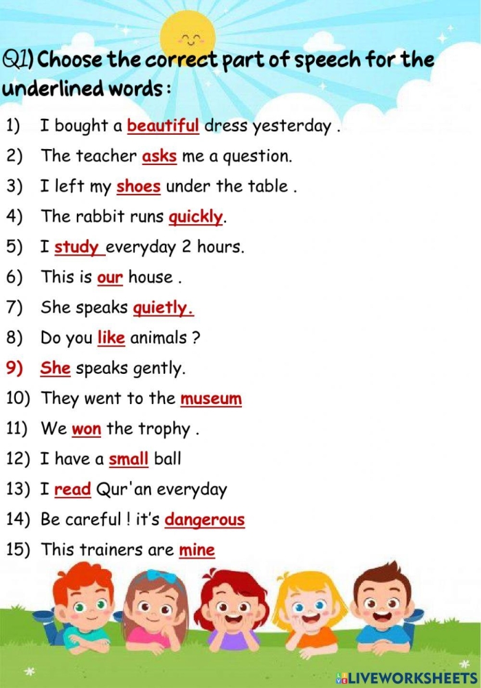 Fifth grade student completing a worksheet identifying adjectives and adverbs that modify nouns and verbs