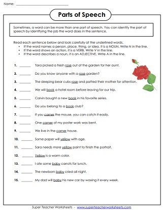 Fifth grade worksheet showing exercises where students identify adjectives describing nouns and adverbs modifying verbs in sample sentences