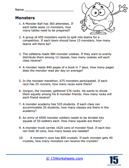 Fifth grade math worksheet featuring several division word problems with space to show work
