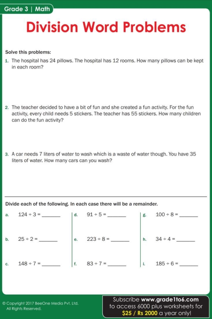 Fifth grade student completing multi-step division word problems on a printable math exercise sheet