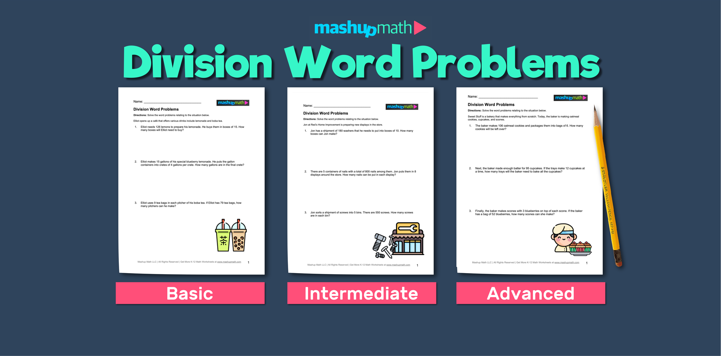 Fifth grade division word problems worksheet with sample problems for students to solve using any strategy