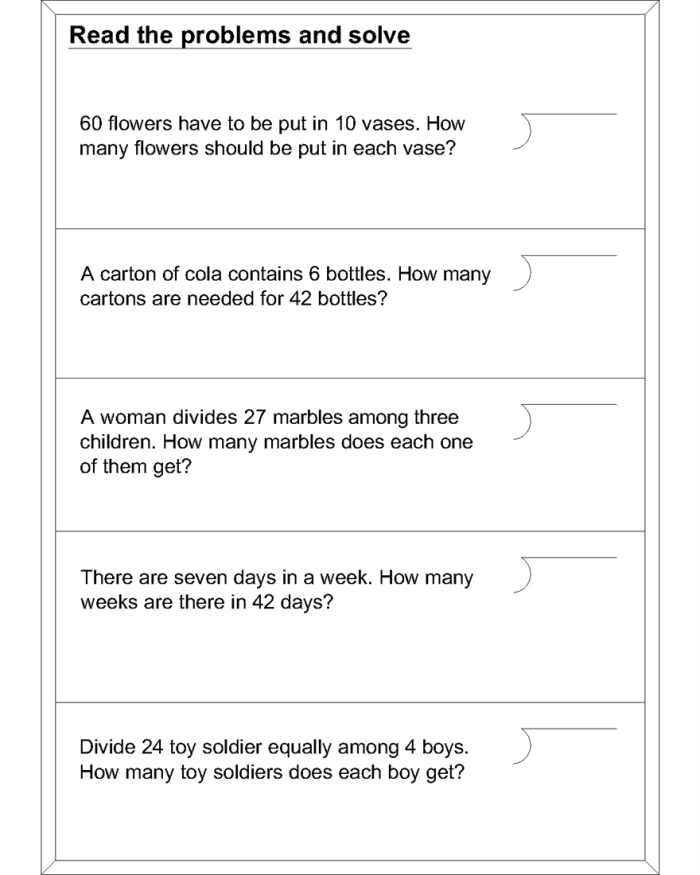 Fifth grade math worksheet featuring a set of division word problems with space to show work