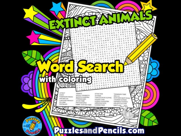 Fossils and extinct animals word search worksheet for fifth-grade students