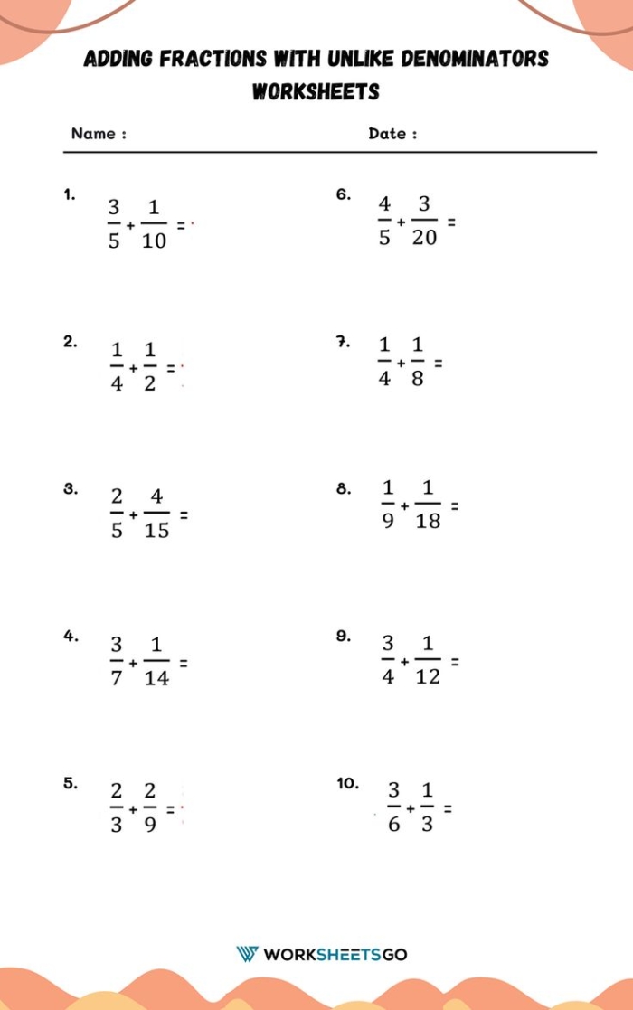 Fifth grade student completing a math worksheet on adding fractions with like and unlike denominators