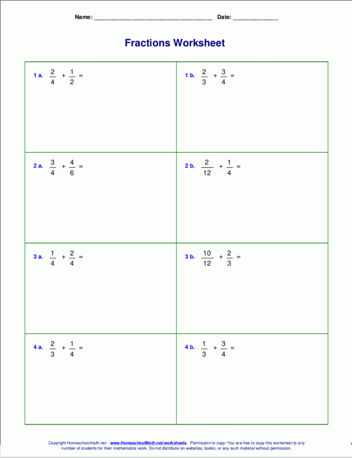 Fifth grade math worksheet for practicing addition of fractions with unlike denominators
