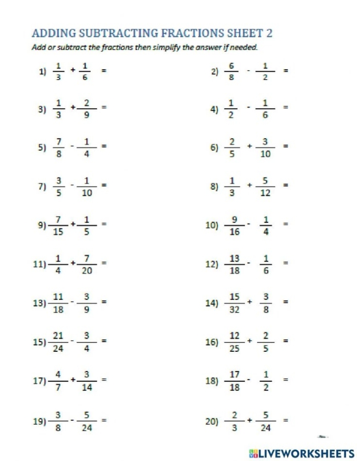 Worksheet for practicing adding fractions with different denominators for fifth graders
