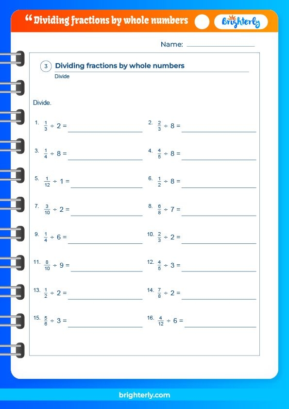 Engaging practice sheet for mastering fraction division skills Worksheet for fifth graders on dividing fractions by whole numbers
